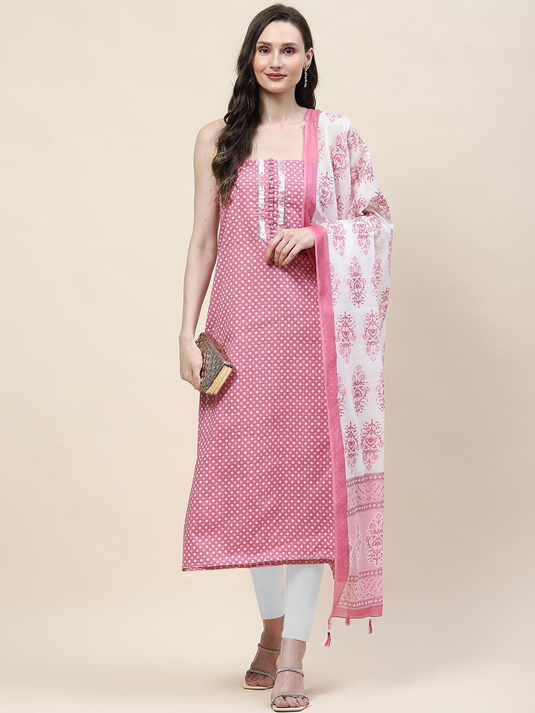 Meena Bazaar Printed Unstitched Dress Material, Pink