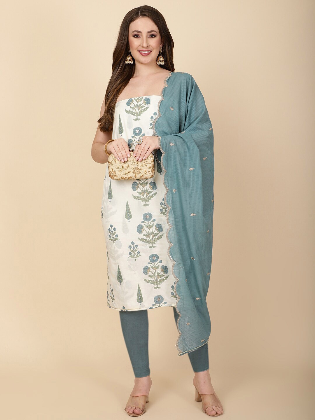 Meena Bazaar Floral Printed Cotton Unstitched Dress Material, Cream