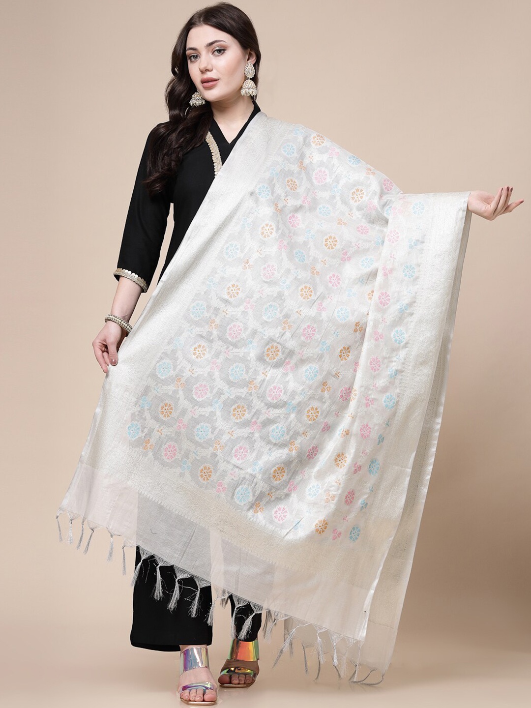 Clora Creation Ethnic Motifs Woven Design Dupatta with Zari, Silver