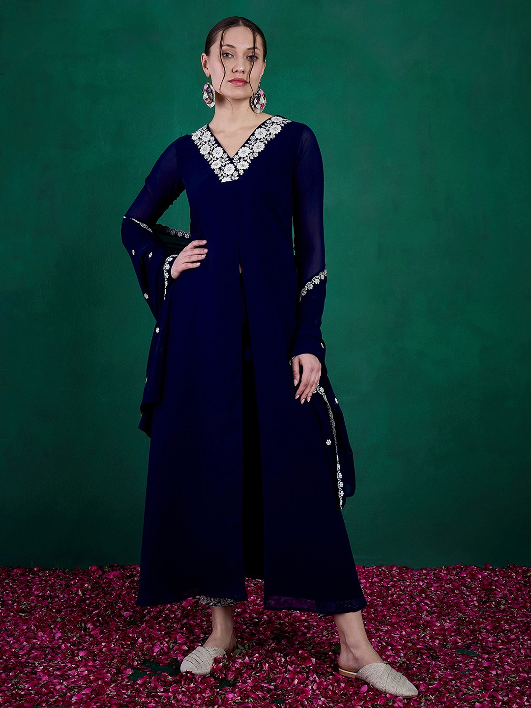 Sangria Floral Sequin Embroidered A-Line Kurta With Trouser & Dupatta Set, Navy blue
Sangria Floral Sequin Embroidered A-Line Kurta With Trouser & Dupatta Set, Navy blue