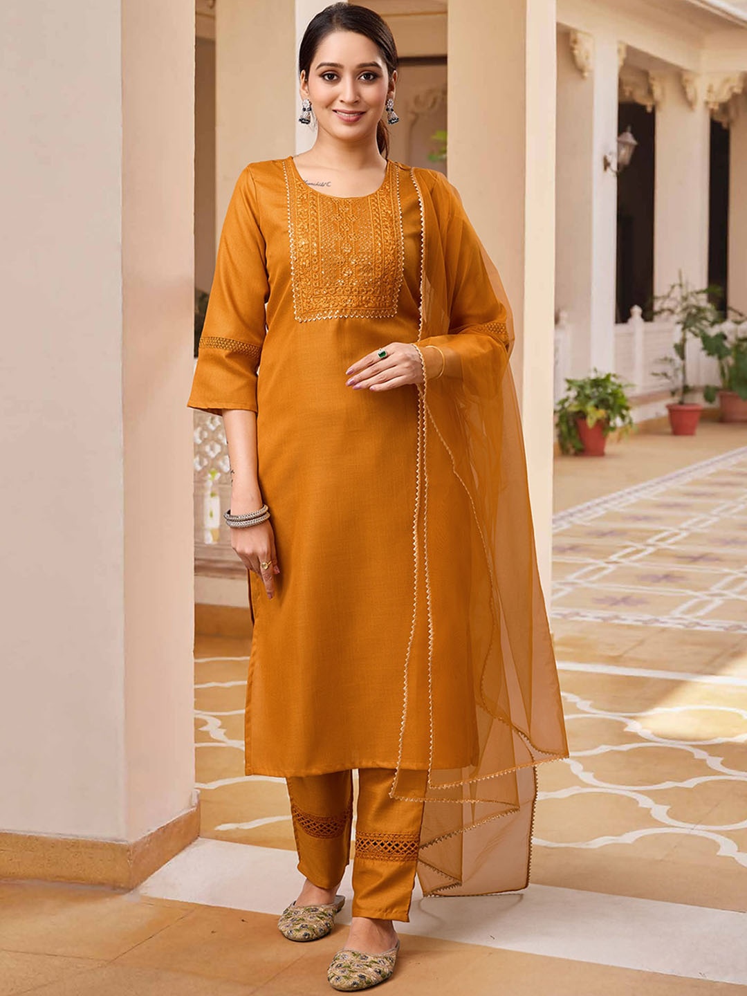 Twika Geometric Yoke Design Round Neck Straight Kurta With Trousers & Dupatta, Mustard
Twika Geometric Yoke Design Round Neck Straight Kurta With Trousers & Dupatta, Mustard
