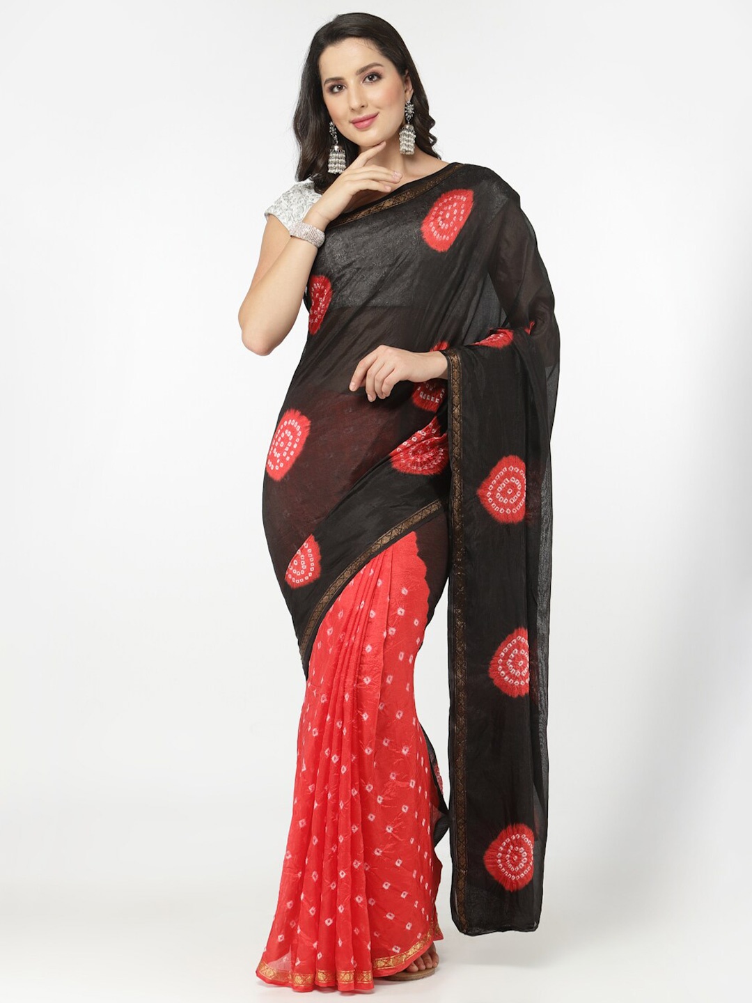 Kishori Sarees Bandhani Pure Silk Half and Half Saree, Black
