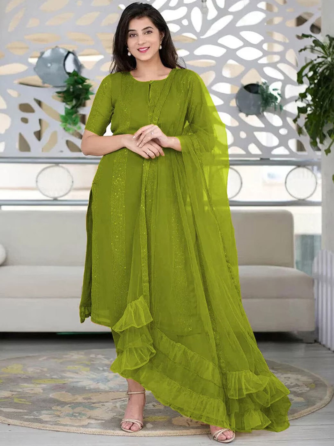 KALINI Striped Regular Keyhole Neck Sequinned Straight Kurta With Trouser & Dupatta, Green
KALINI Striped Regular Keyhole Neck Sequinned Straight Kurta With Trouser & Dupatta, Green