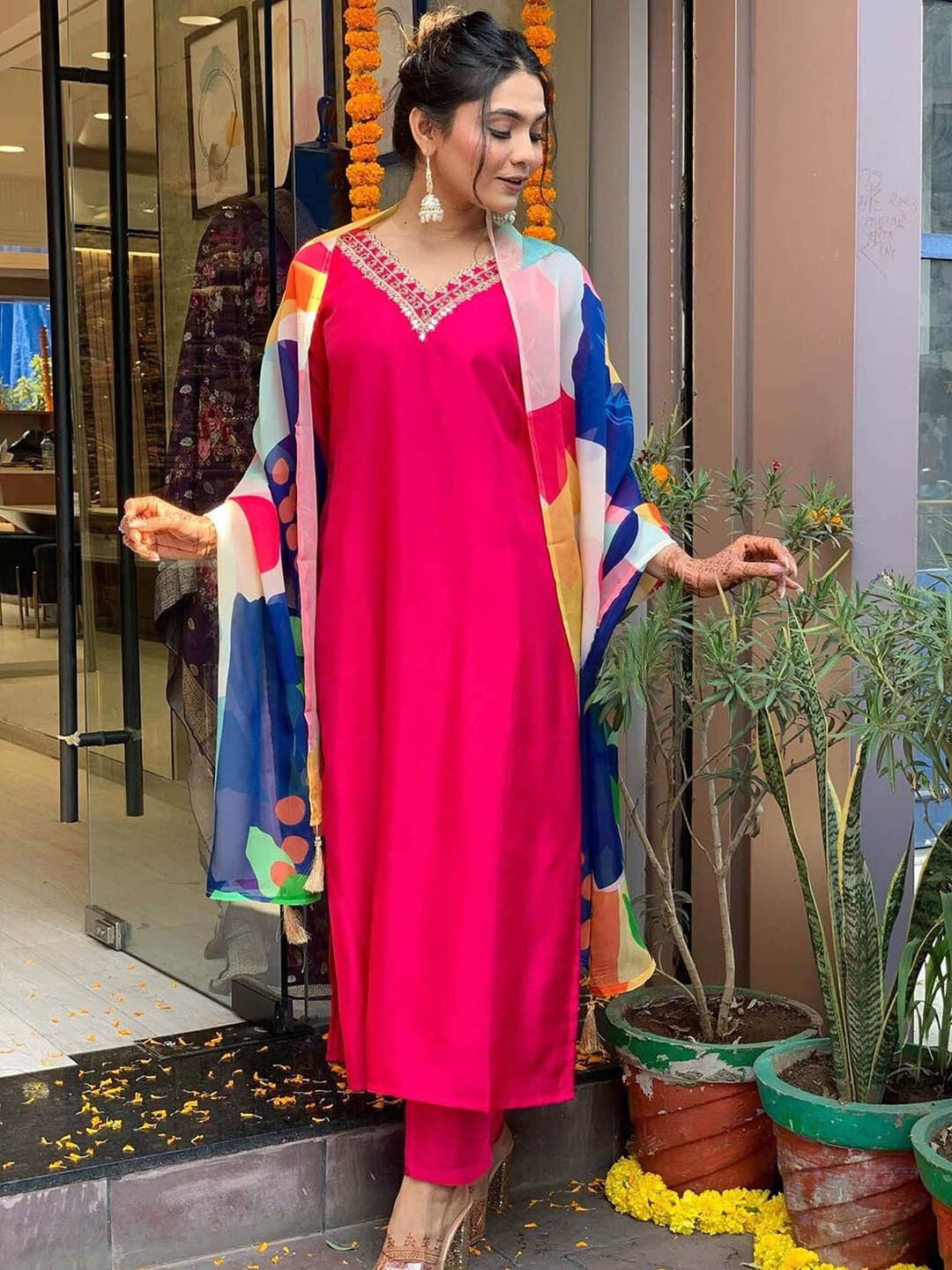 KALINI Regular Thread Work Chanderi Cotton Straight Kurta With Trousers & Dupatta, Pink
KALINI Regular Thread Work Chanderi Cotton Straight Kurta With Trousers & Dupatta, Pink
