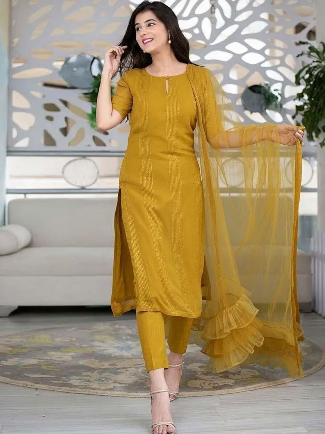 KALINI Striped Sequinned Keyhole Neck Straight Kurta with Trousers & With Dupatta, Yellow
KALINI Striped Sequinned Keyhole Neck Straight Kurta with Trousers & With Dupatta, Yellow