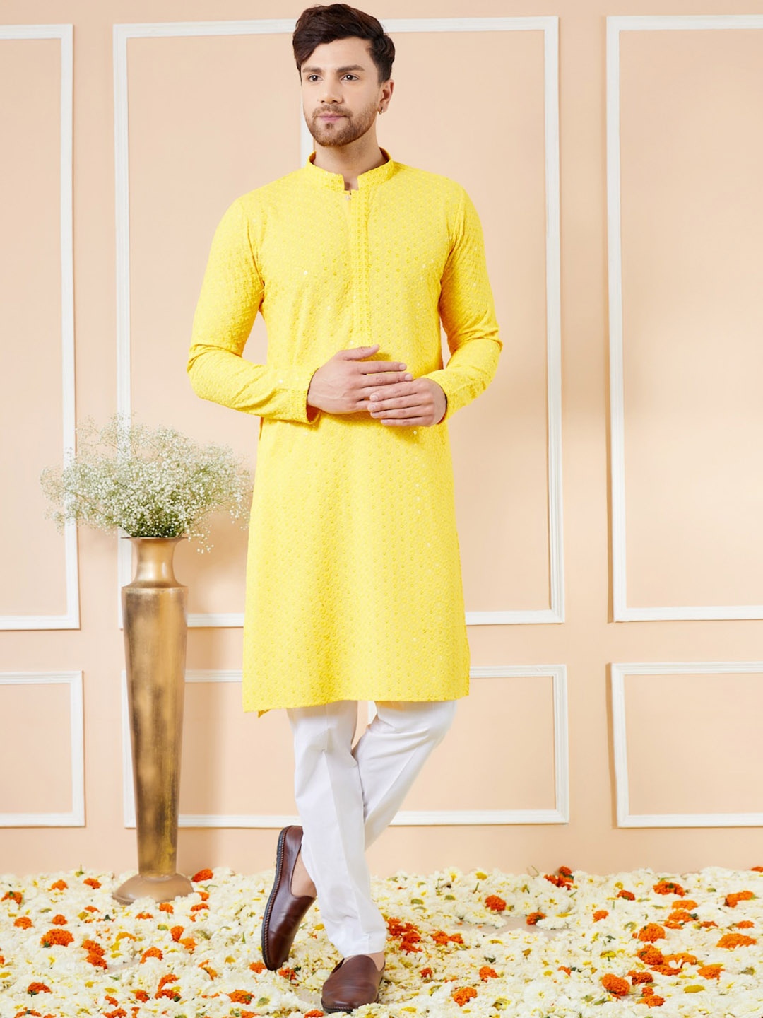See Designs Floral Embroidered Mandarin Collar Regular Sequinned Kurta With Pyjamas, Yellow
See Designs Floral Embroidered Mandarin Collar Regular Sequinned Kurta With Pyjamas, Yellow