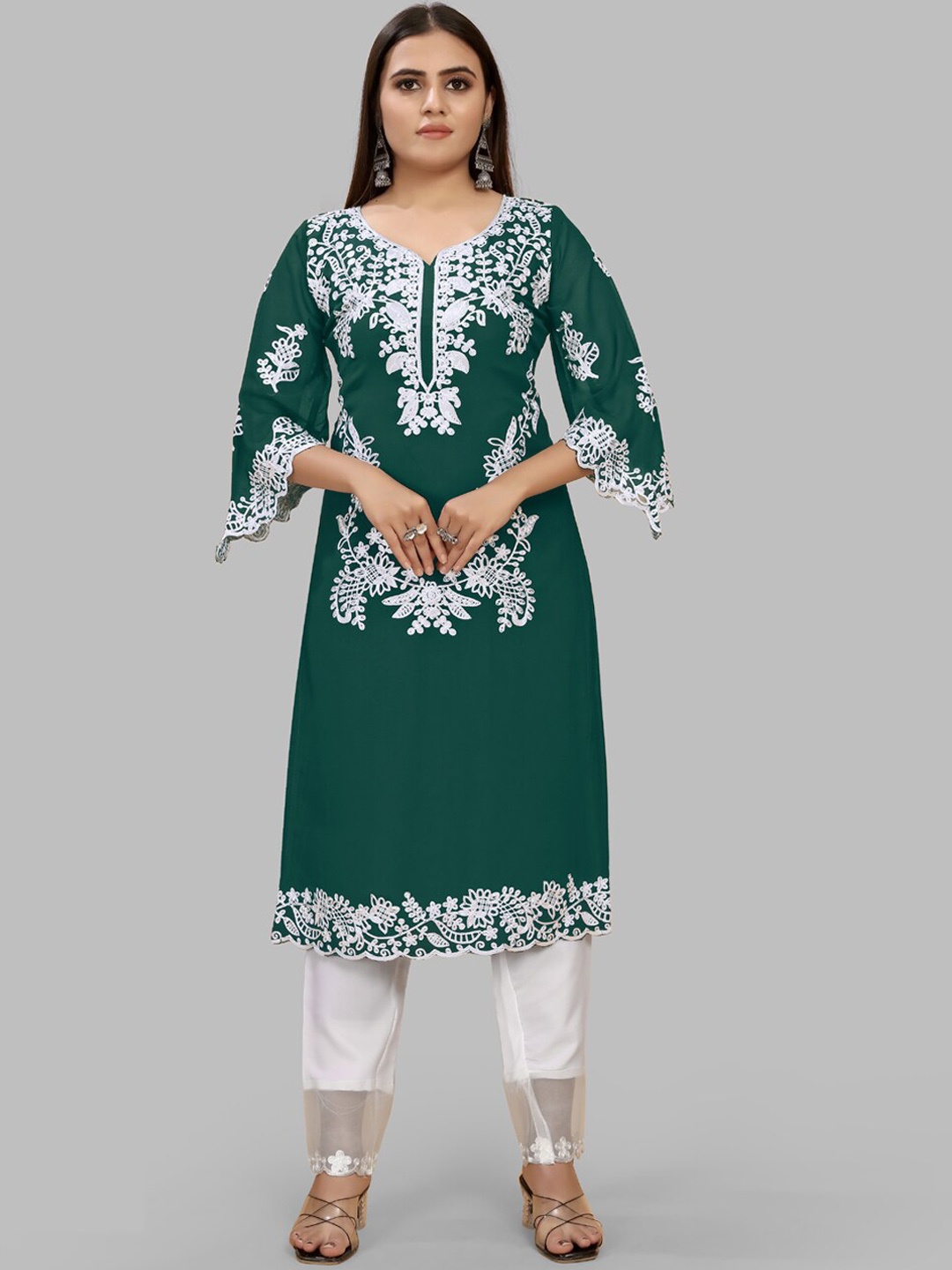 AKSHARAM Floral Embroidered Flared Sleeves Chikankari Georgette Straight Kurta, Green
AKSHARAM Floral Embroidered Flared Sleeves Chikankari Georgette Straight Kurta, Green
