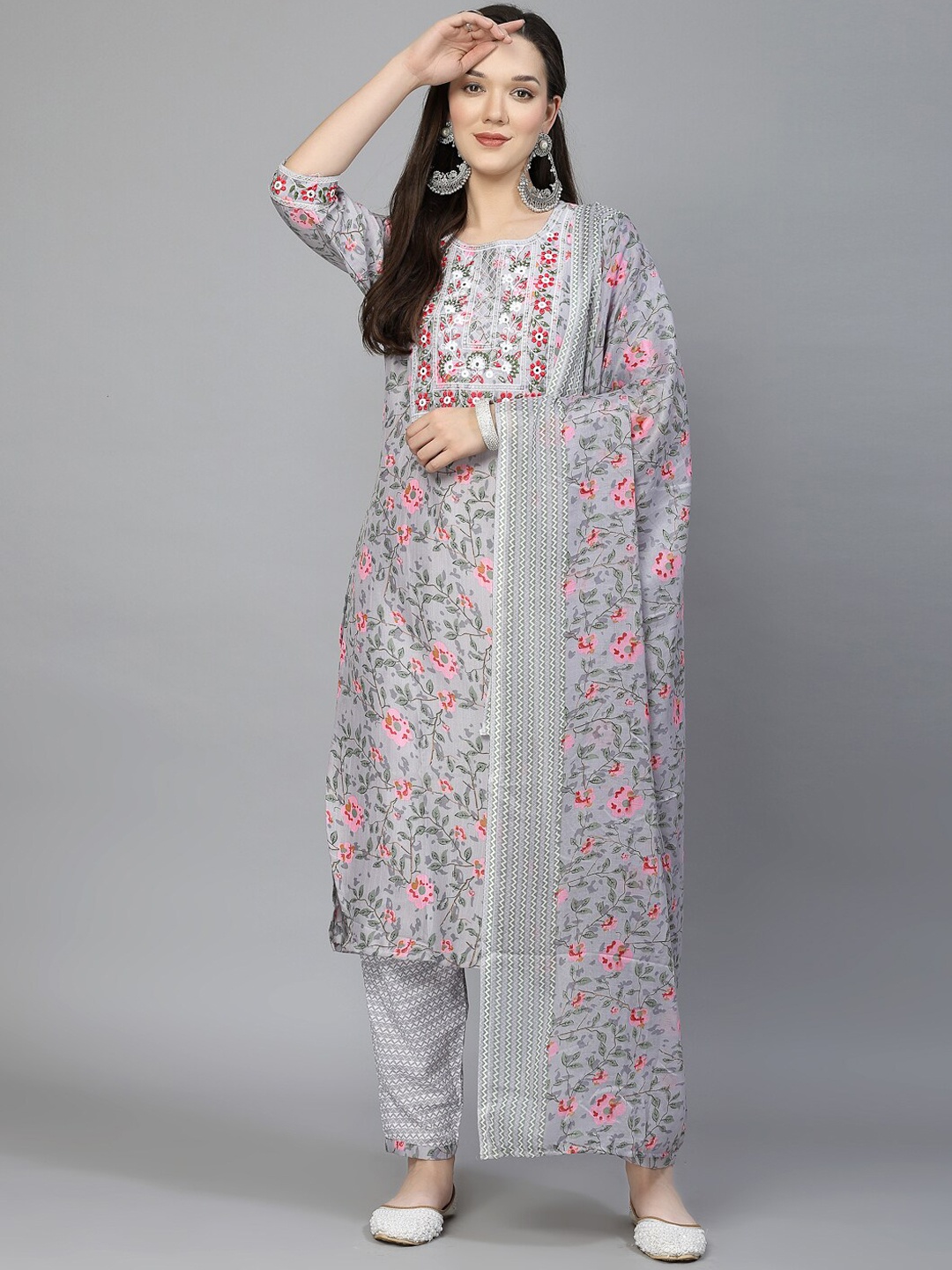 BAESD Floral Printed Thread Work Kurta With Salwar & Dupatta, Grey