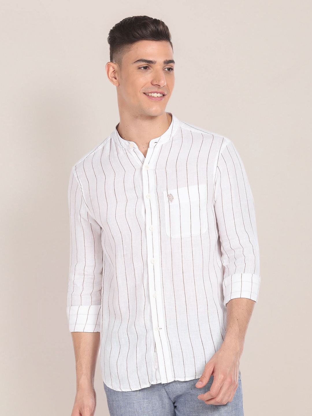 U.S. Polo Assn. Regular Fit Long Sleeves Mandarin Collar Linen Opaque Striped Casual Shirt, White
U.S. Polo Assn. Regular Fit Long Sleeves Mandarin Collar Linen Opaque Striped Casual Shirt, White