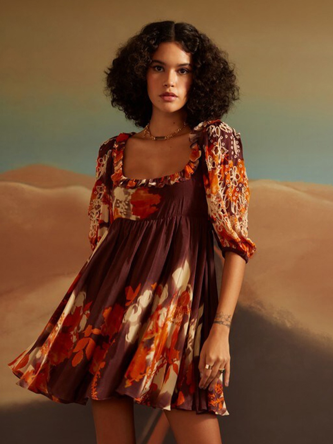 VERB BY PALLAVI SINGHEE Floral Printed Puff Sleeve Ruffled & Embellished Empire Dress, Brown
VERB BY PALLAVI SINGHEE Floral Printed Puff Sleeve Ruffled & Embellished Empire Dress, Brown