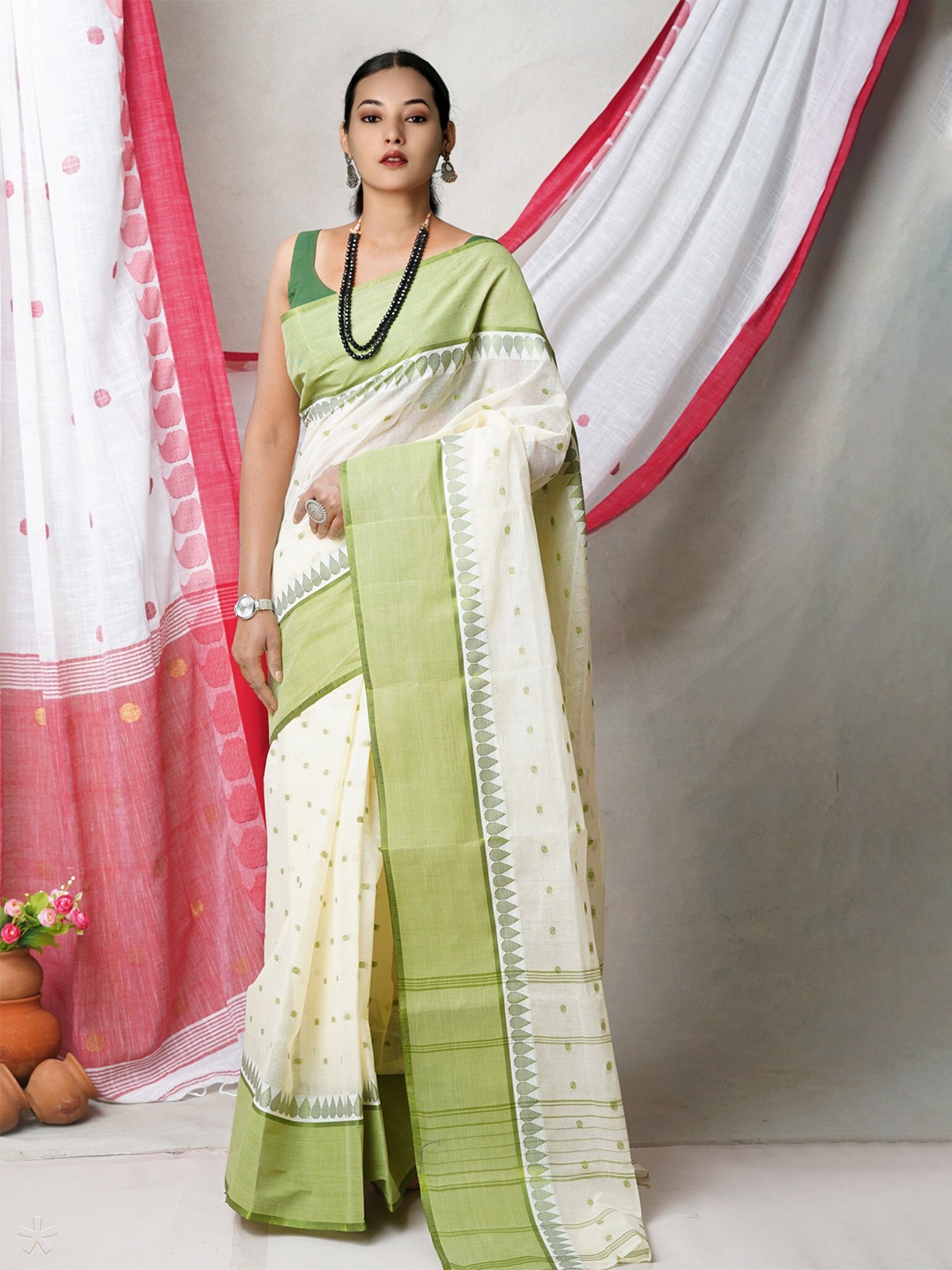 Unnati Silks Woven Design Pure Cotton Jamdani Saree, Cream