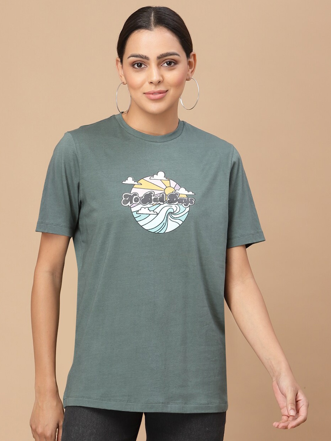 

HOUSE OF KKARMA Graphic Printed Round Neck Cotton Casual T-shirt, Green