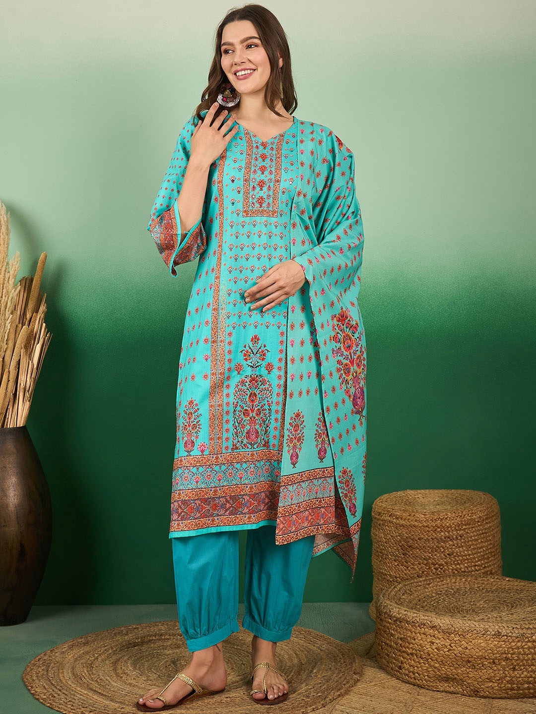 Sangria Floral Printed Embroidered Pure Cotton Straight Kurta With Salwar & Dupatta Set, Turquoise blue
Sangria Floral Printed Embroidered Pure Cotton Straight Kurta With Salwar & Dupatta Set, Turquoise blue