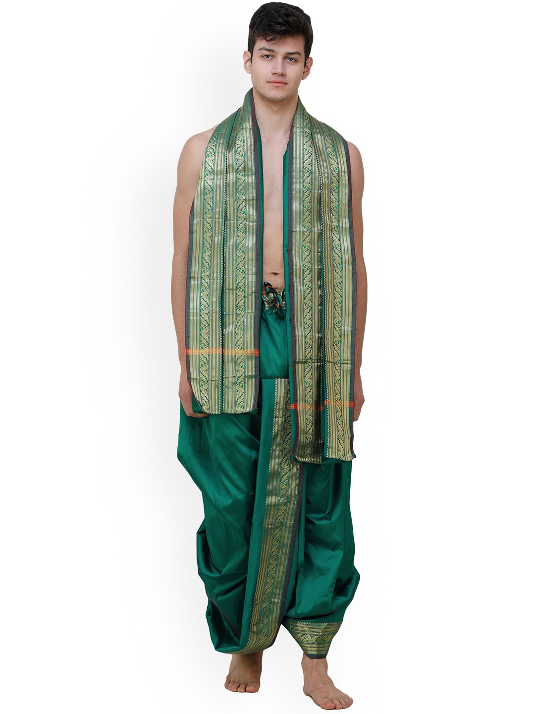 Exotic India Meenakari Woven Golden Border Ready To Wear Dhotis With Angavastram, Green
Exotic India Meenakari Woven Golden Border Ready To Wear Dhotis With Angavastram, Green