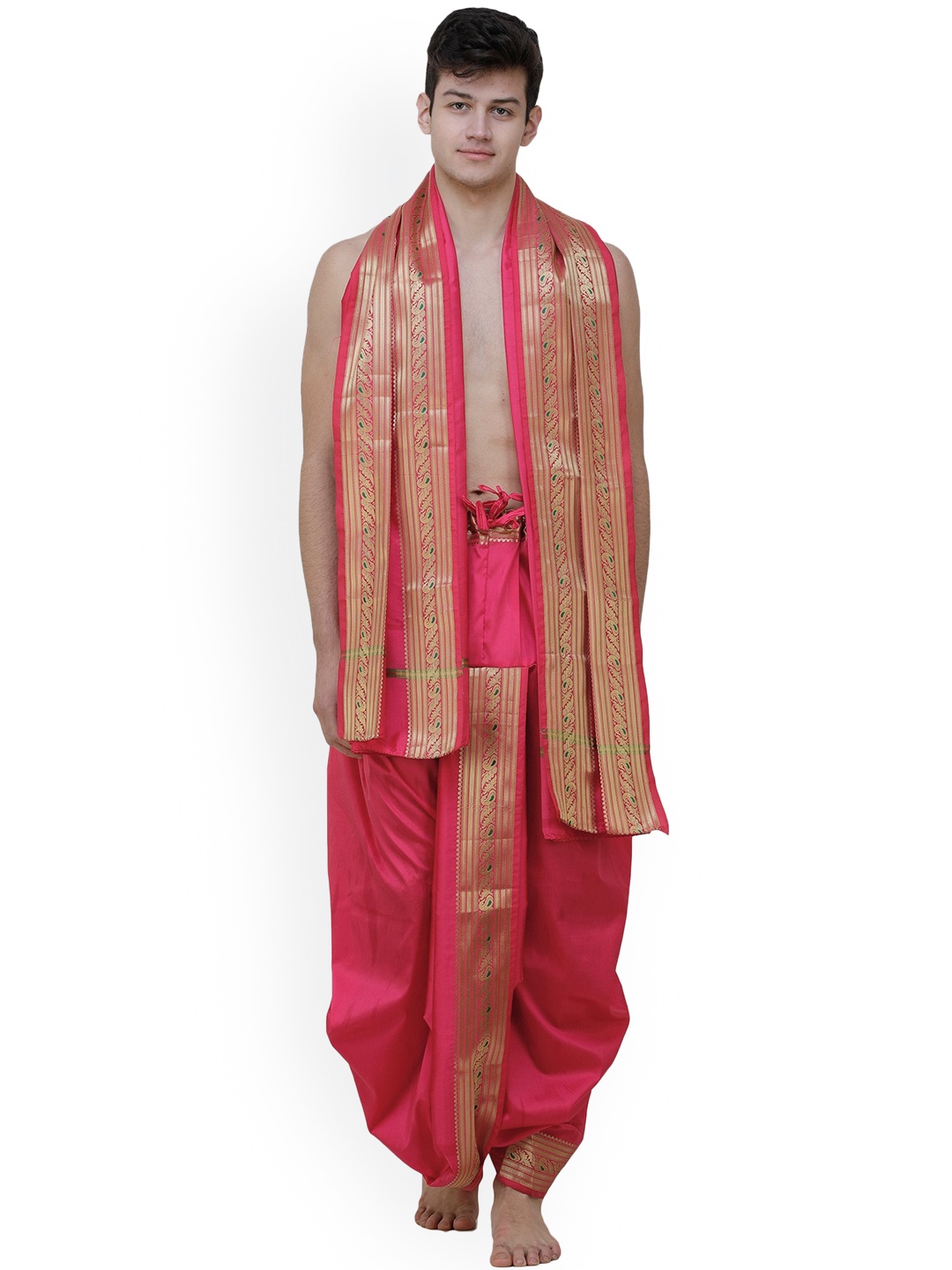 Exotic India Ready to Wear Dhoti with Angavastram Set and Meenakari Woven Golden Border, Pink
Exotic India Ready to Wear Dhoti with Angavastram Set and Meenakari Woven Golden Border, Pink