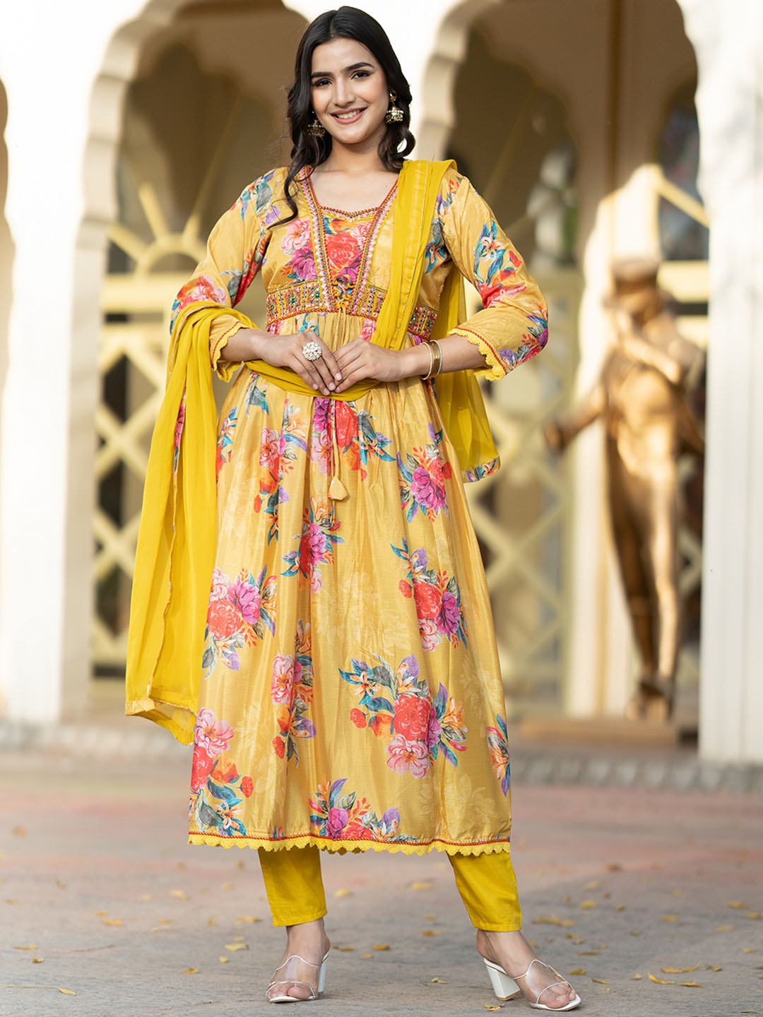 ASPORA Floral Printed Empire Mirror Work Silk Chiffon Kurta With Trousers & Dupatta, Yellow
ASPORA Floral Printed Empire Mirror Work Silk Chiffon Kurta With Trousers & Dupatta, Yellow