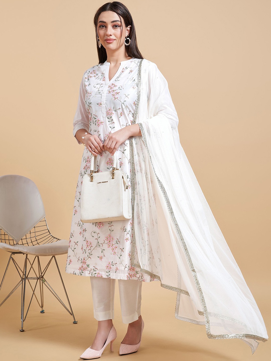 Ishin Floral Embroidered A-Line Chanderi Silk Kurta with Trousers & Dupatta, Off white
Ishin Floral Embroidered A-Line Chanderi Silk Kurta with Trousers & Dupatta, Off white