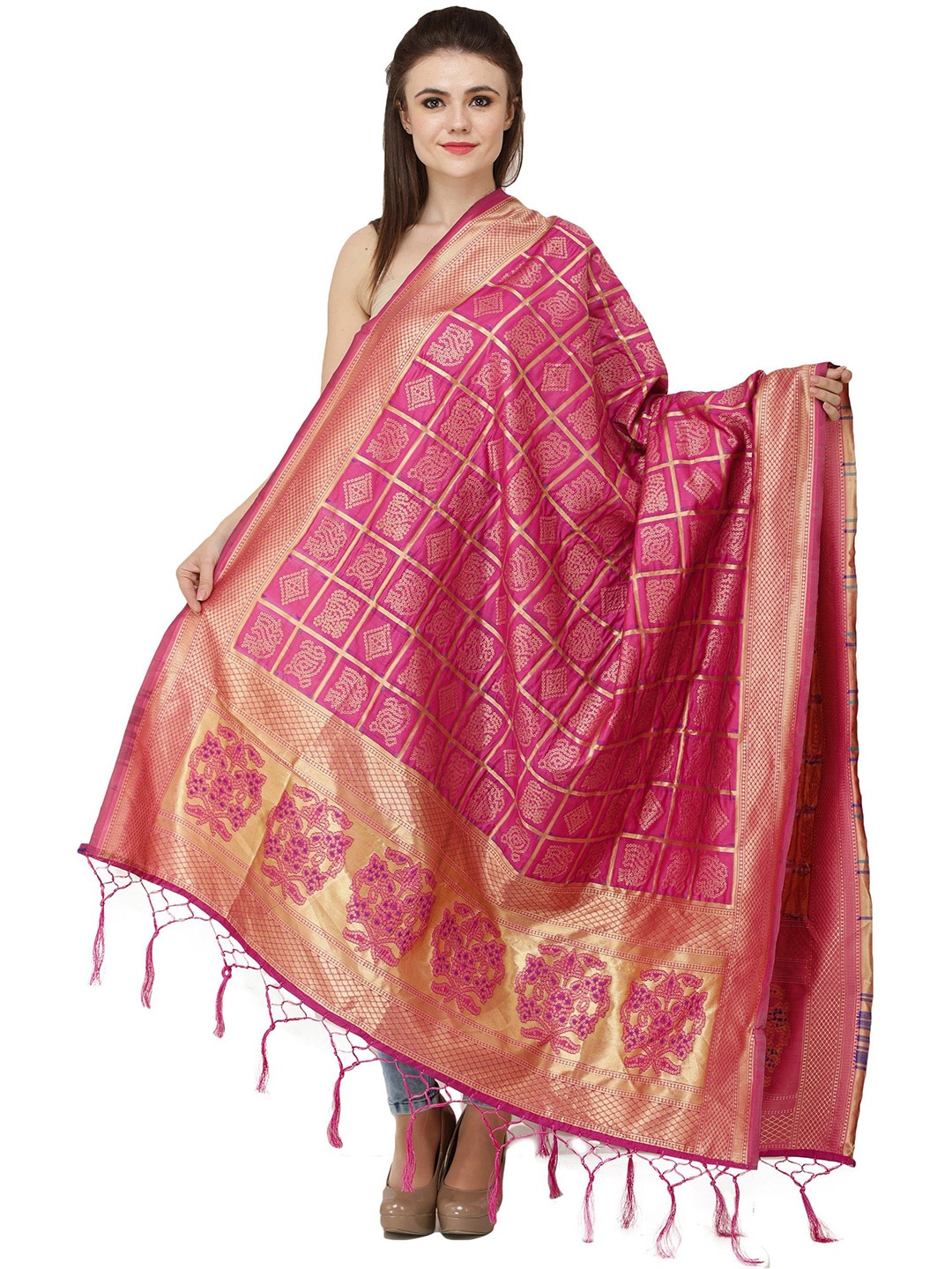 Exotic India Magenta Pink Zari Woven Bandhani Gharchola Silk Dupatta with Brocaded Border
Exotic India Magenta Pink Zari Woven Bandhani Gharchola Silk Dupatta with Brocaded Border