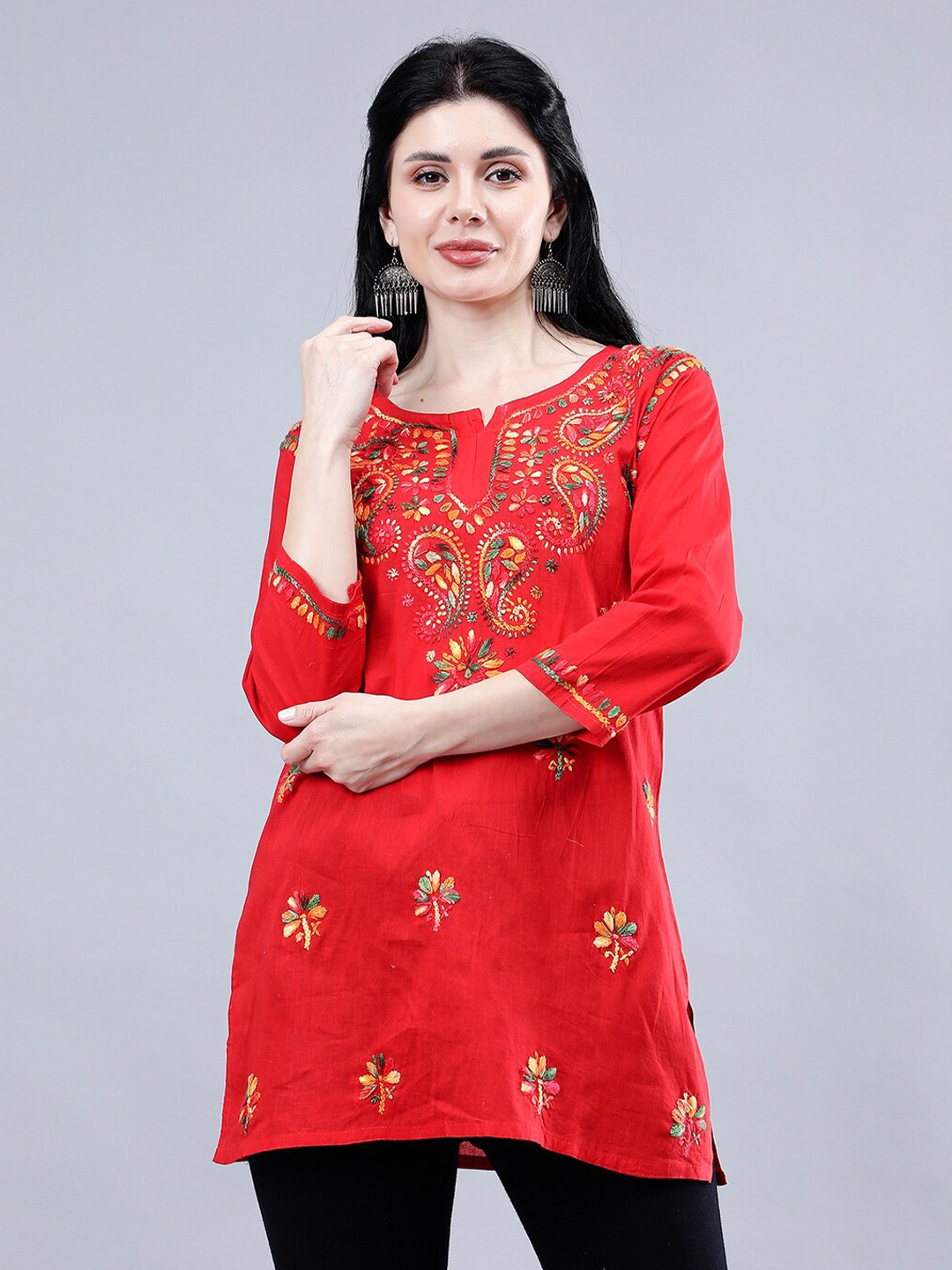 Seva Chikan Ethnic Motifs Three-Quarter Sleeves Round Neck Embroidered Chikankari Kurti, Red
Seva Chikan Ethnic Motifs Three-Quarter Sleeves Round Neck Embroidered Chikankari Kurti, Red