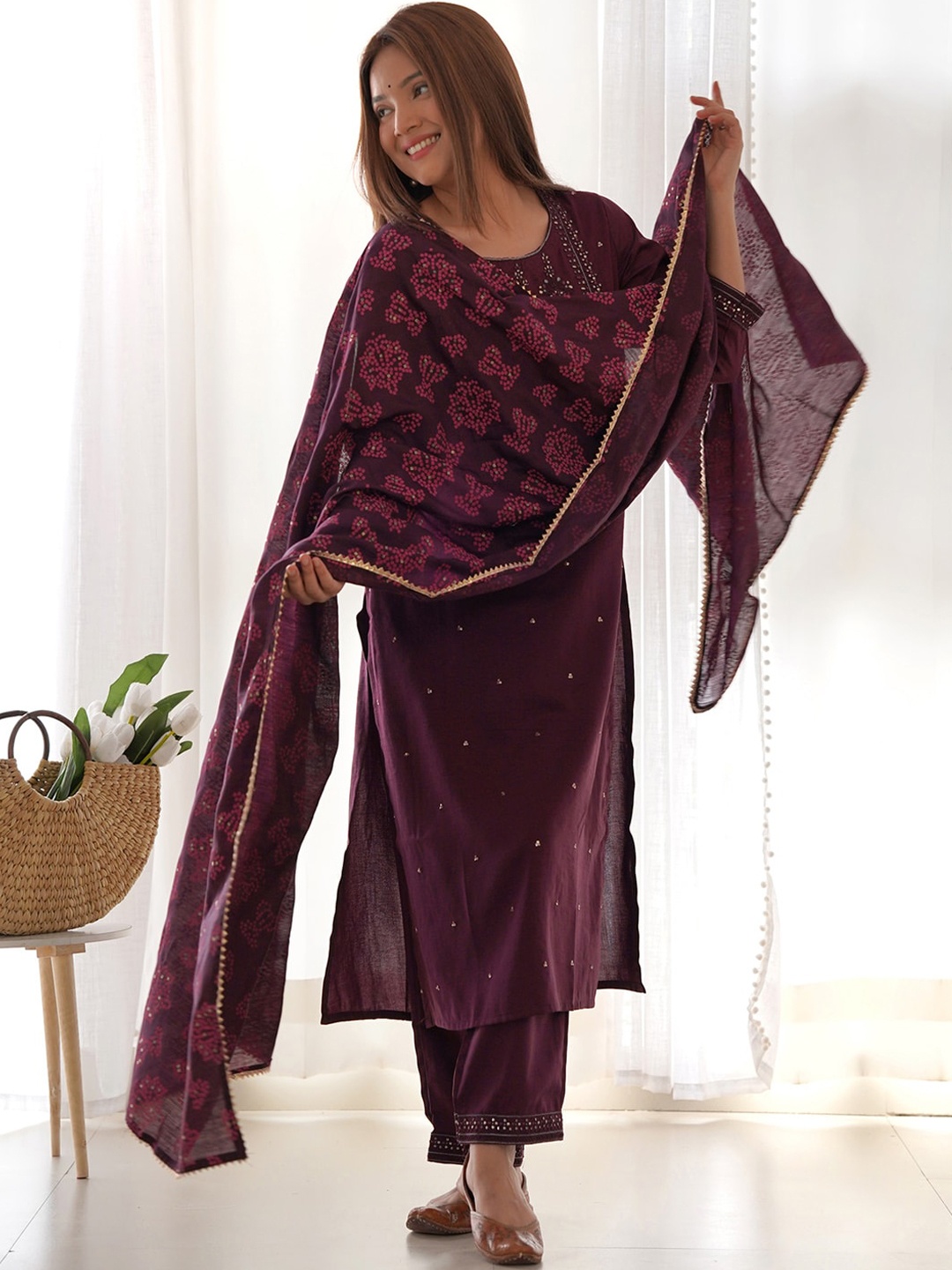 Indo Era Ethnic Motifs Embroidered Sequined Straight Kurta With Trousers & Dupatta, Burgundy
Indo Era Ethnic Motifs Embroidered Sequined Straight Kurta With Trousers & Dupatta, Burgundy