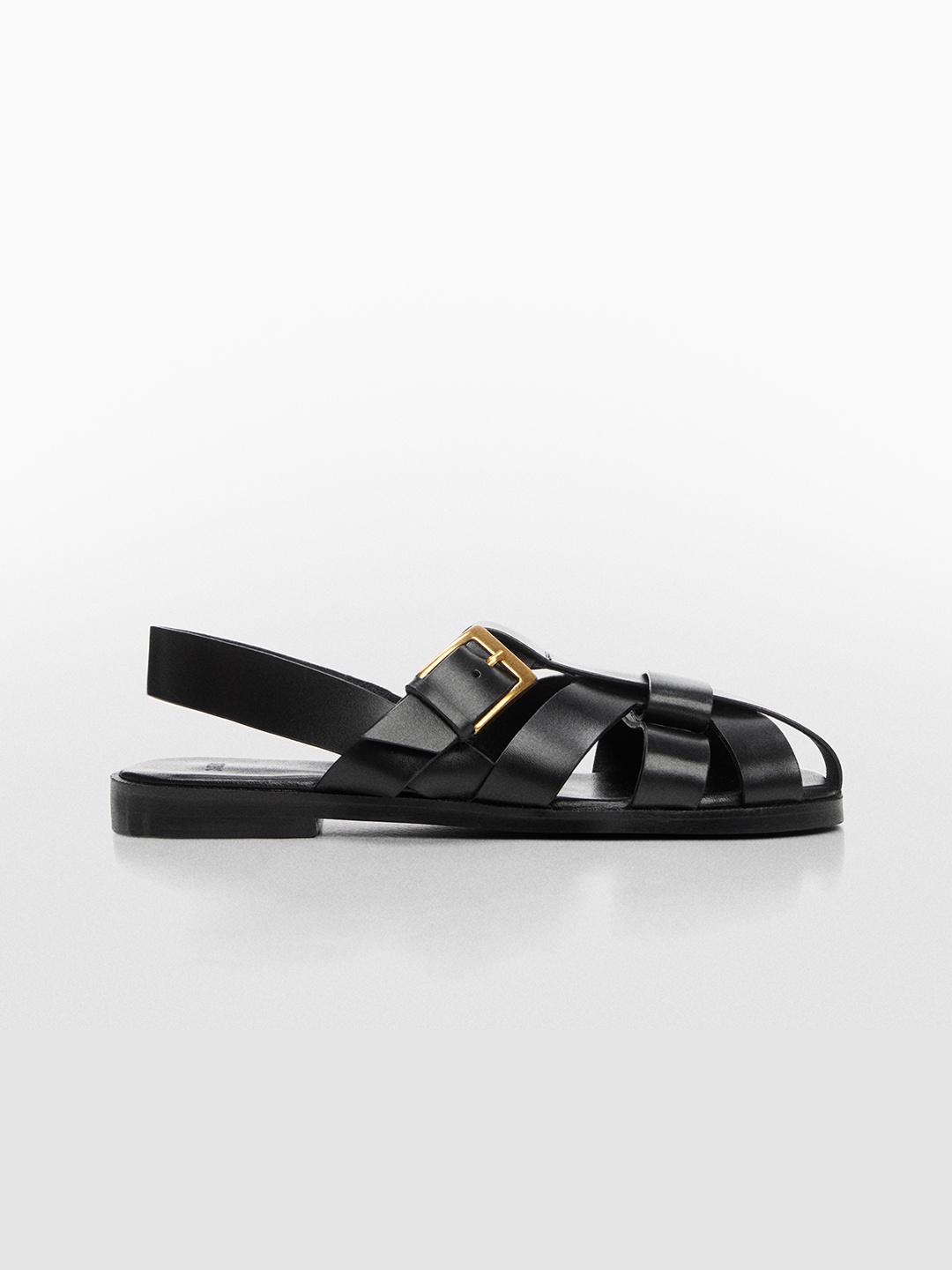 MANGO Women Leather Fisherman Style Open Toe Flats, Black