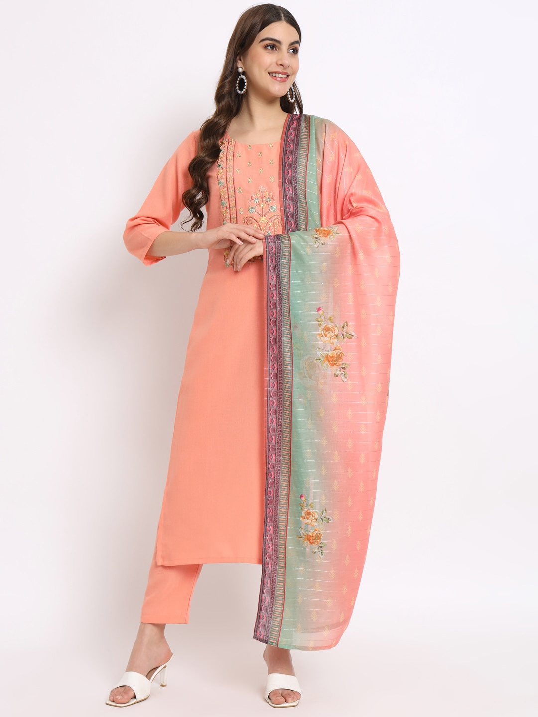 SALWAT Floral Yoke Design Thread Work Pure Cotton Straight Kurta With Trouser & Dupatta, Peach
SALWAT Floral Yoke Design Thread Work Pure Cotton Straight Kurta With Trouser & Dupatta, Peach