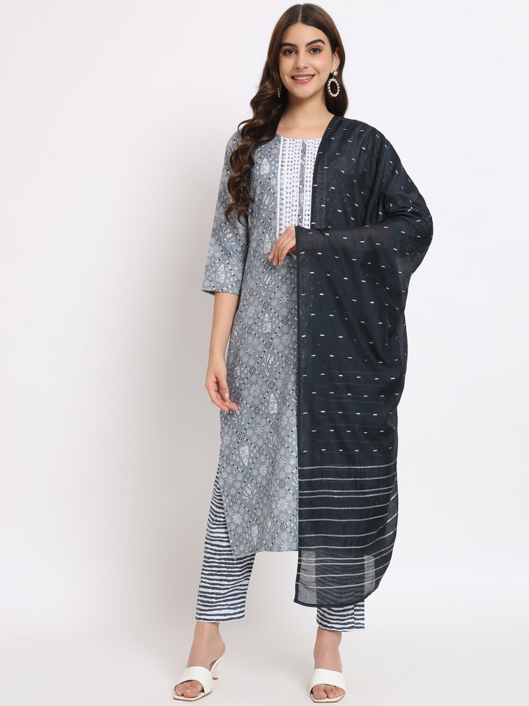 SALWAT Ethnic Motifs Print Thread Work Pure Cotton Straight Kurta With Trousers & Dupatta, Grey
SALWAT Ethnic Motifs Print Thread Work Pure Cotton Straight Kurta With Trousers & Dupatta, Grey
