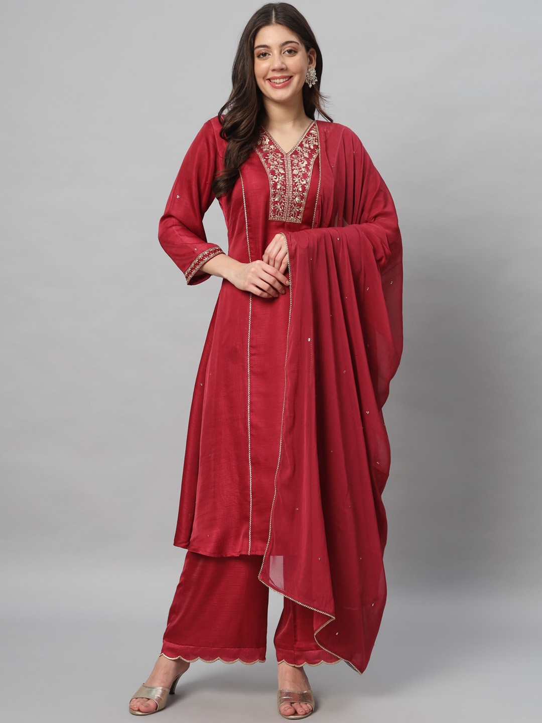 SALWAT Floral Yoke Design Thread Work Pure Cotton Anarkali Kurta With Palazzo & Dupatta, Red
SALWAT Floral Yoke Design Thread Work Pure Cotton Anarkali Kurta With Palazzo & Dupatta, Red
