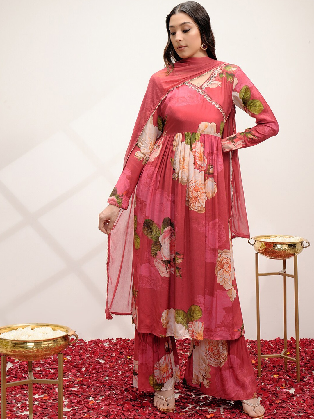 Vishudh Floral Printed Angrakha Beads and Stones Kurta with Sharara & With Dupatta, Pink
Vishudh Floral Printed Angrakha Beads and Stones Kurta with Sharara & With Dupatta, Pink
