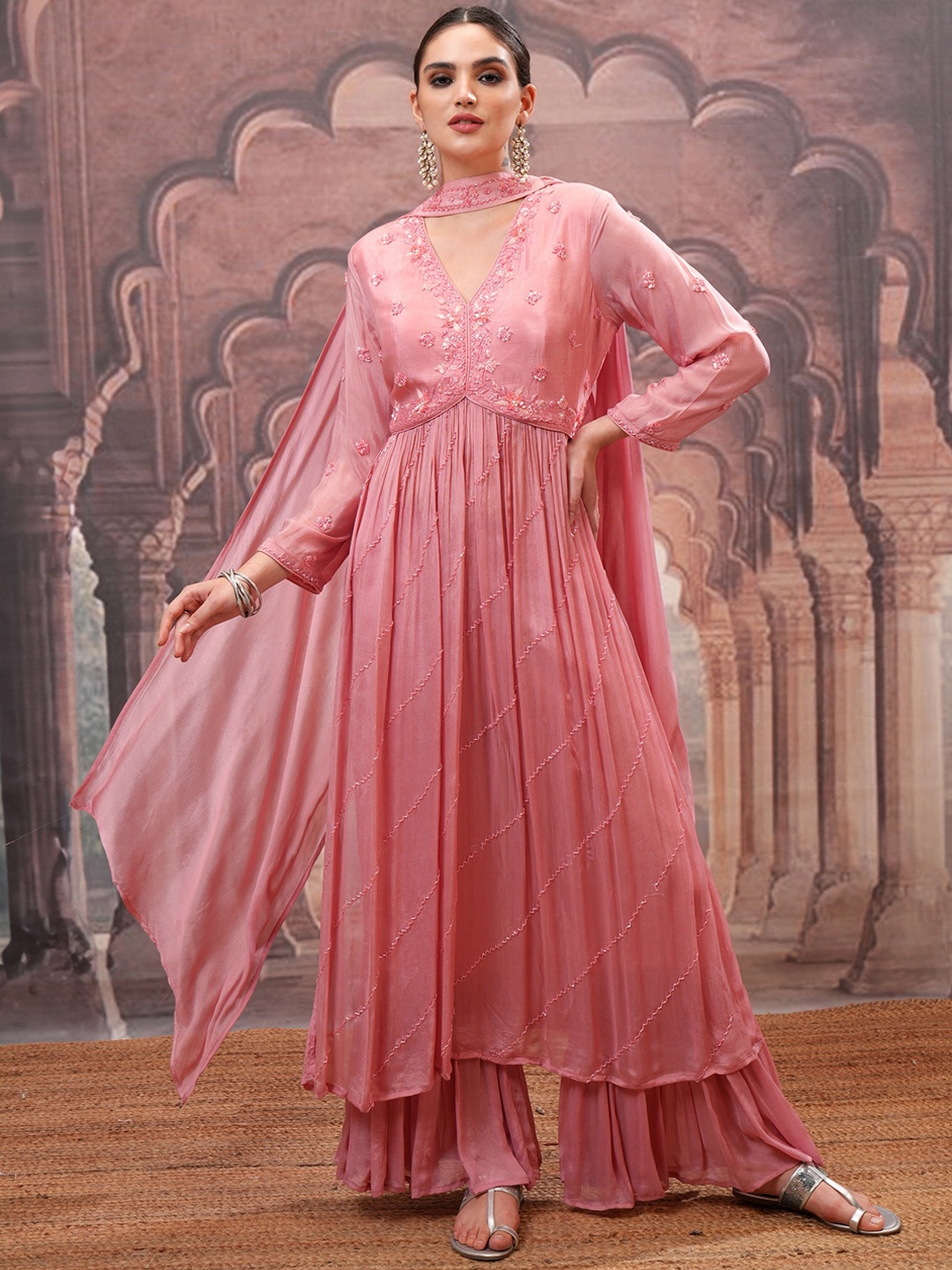 Vishudh Ethnic Motifs Embroidered Empire Anarkali Kurta & Sharara With Dupatta, Peach
Vishudh Ethnic Motifs Embroidered Empire Anarkali Kurta & Sharara With Dupatta, Peach