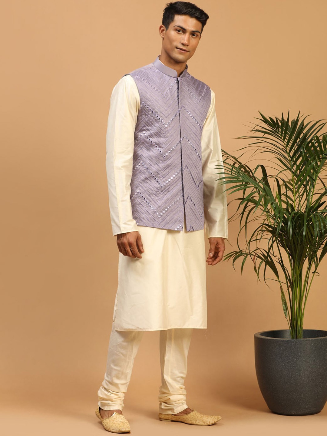 VASTRAMAY Mandarin Collar Mirror Work Straight Kurta with Churidar & Nehru Jacket, Cream
VASTRAMAY Mandarin Collar Mirror Work Straight Kurta with Churidar & Nehru Jacket, Cream