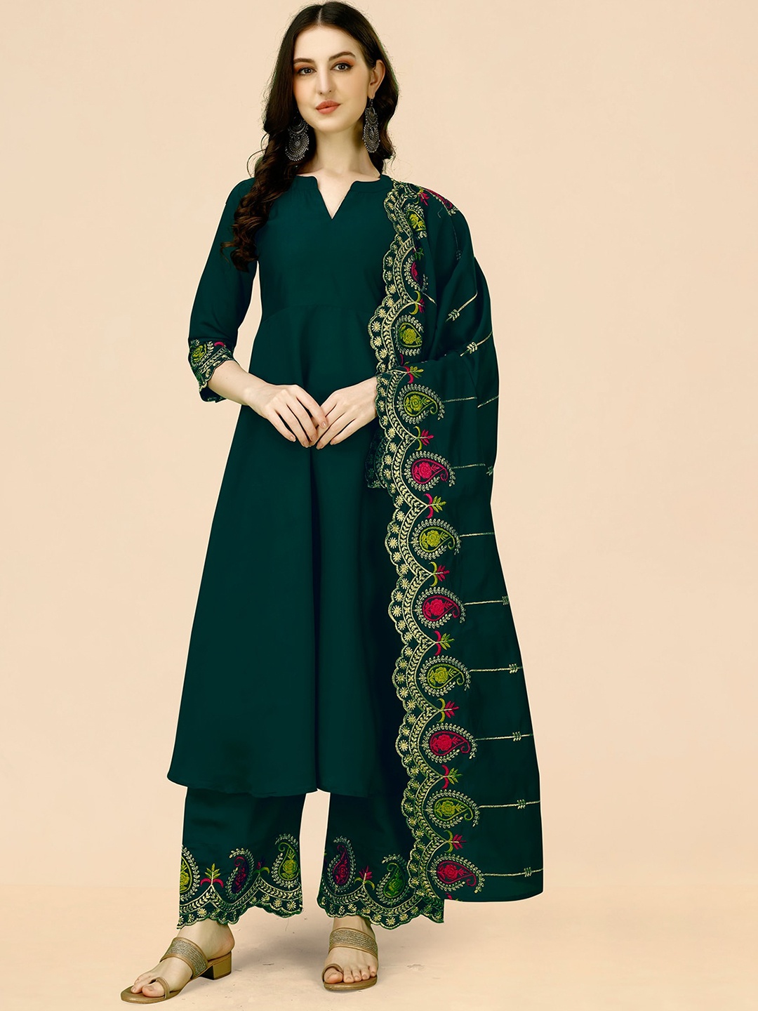 KALINI Embroidered Mandarin Collar Anarkali Thread Work Kurta with Palazzos & Dupatta, Green
KALINI Embroidered Mandarin Collar Anarkali Thread Work Kurta with Palazzos & Dupatta, Green