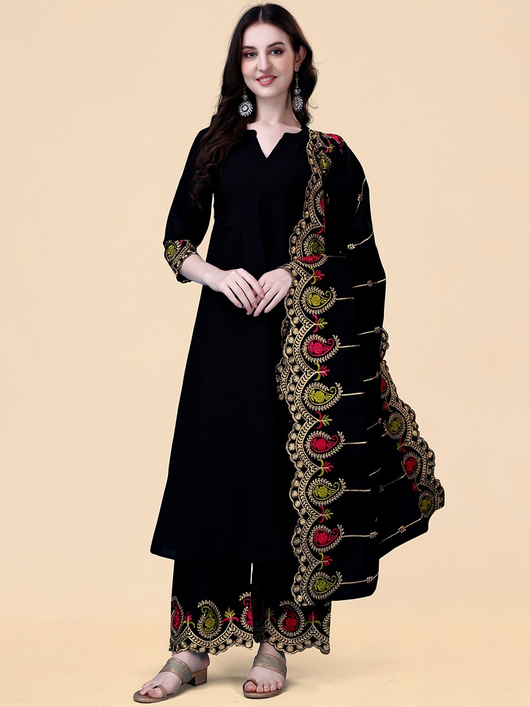 KALINI Thread Work Mandarin Collar Anarkali Kurta with Palazzos & With Dupatta, Black
KALINI Thread Work Mandarin Collar Anarkali Kurta with Palazzos & With Dupatta, Black