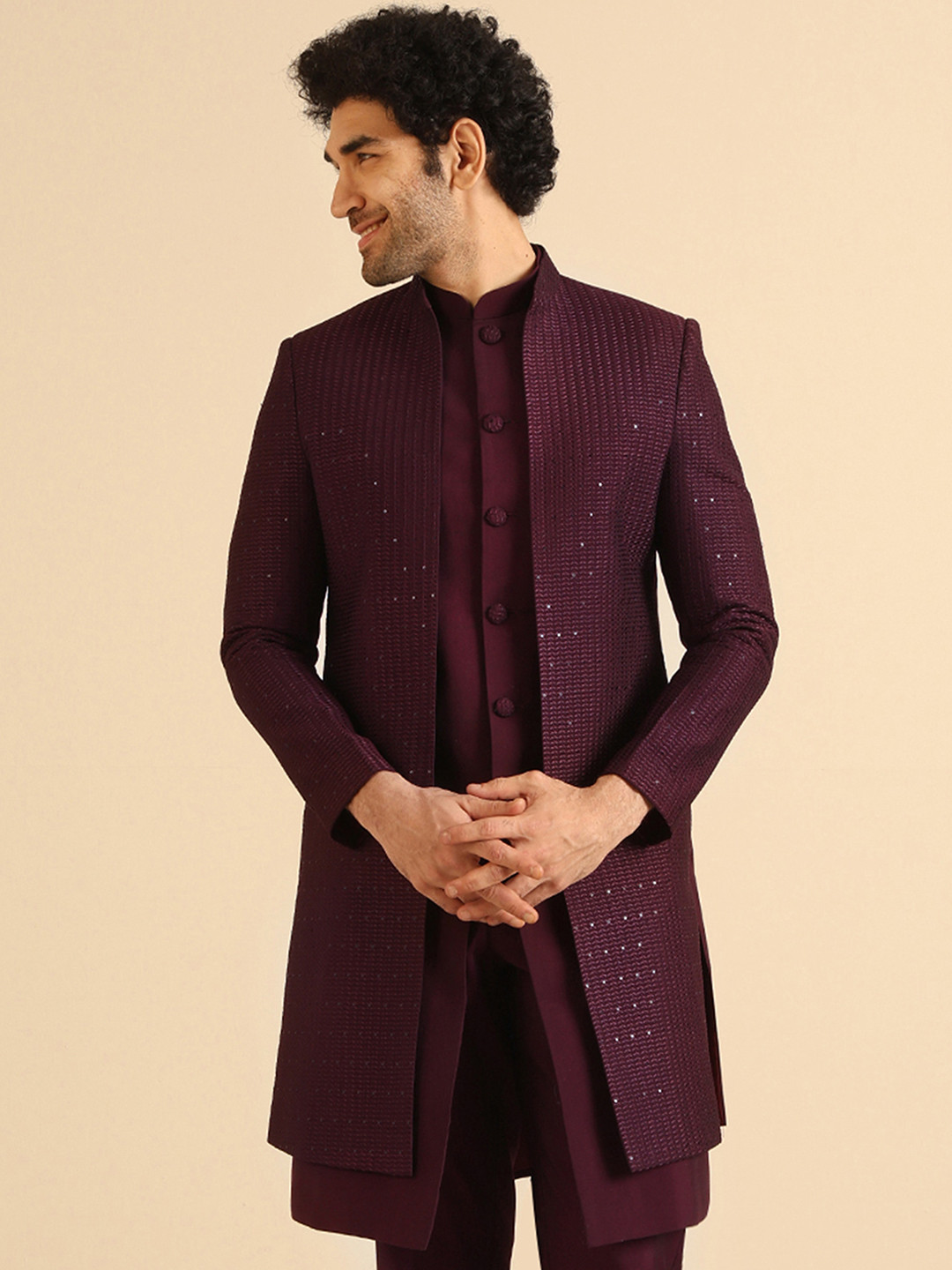 KISAH Embroidered Sequined Mandarin Collar Longline Ethnic Sherwani, Burgundy 
KISAH Embroidered Sequined Mandarin Collar Longline Ethnic Sherwani, Burgundy