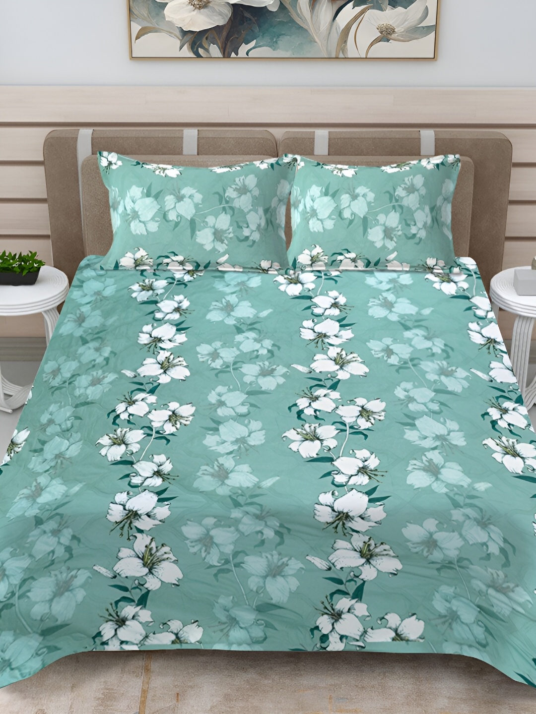 Fabinaliv White & Green Floral Print Quilted Reversible King Bed Cover & 2 Pillow Covers
Fabinaliv White & Green Floral Print Quilted Reversible King Bed Cover & 2 Pillow Covers