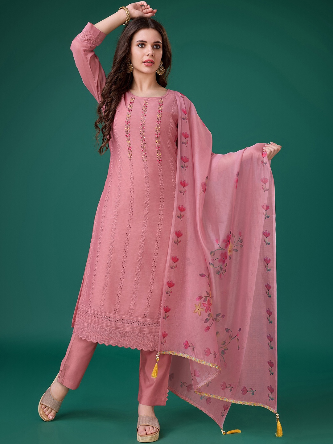 MOJILAA Embroidered Beads & Stones Chanderi Silk Straight Kurta With Trousers & Dupatta, Peach
MOJILAA Embroidered Beads & Stones Chanderi Silk Straight Kurta With Trousers & Dupatta, Peach