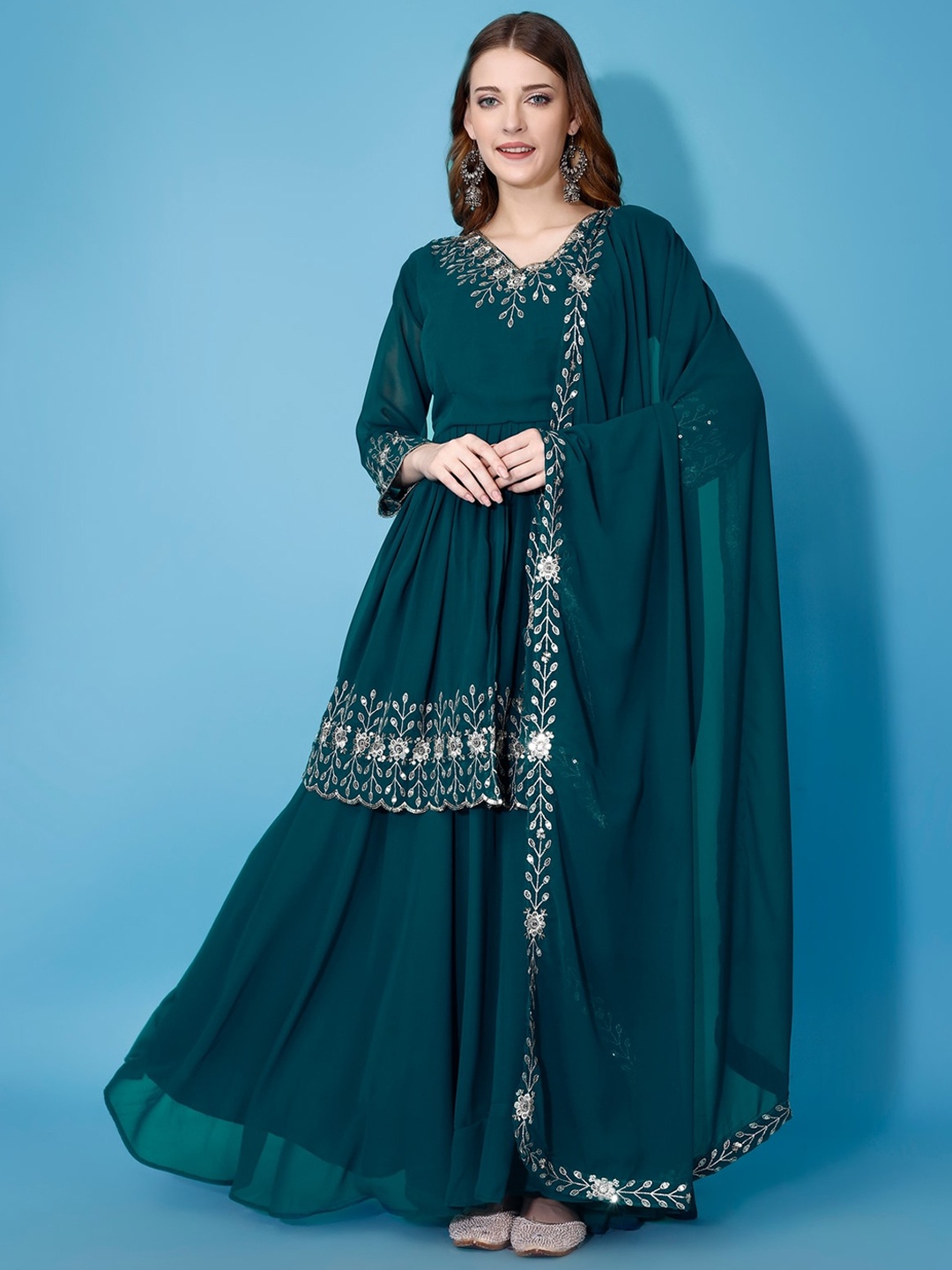 Yara Creation Floral Embroidered Sequinned Anarkali Kurta With Palazzos & Dupatta, Turquoise blue
Yara Creation Floral Embroidered Sequinned Anarkali Kurta With Palazzos & Dupatta, Turquoise blue