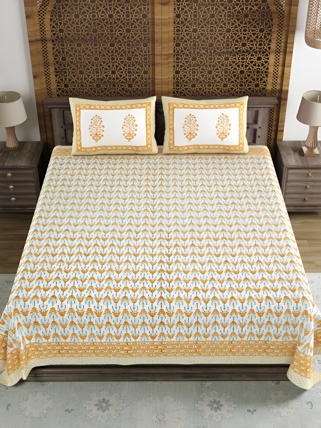 BLOCKS OF INDIA White & Orange Floral Cotton 180 TC King Bedsheet with 2 Pillow Covers
BLOCKS OF INDIA White & Orange Floral Cotton 180 TC King Bedsheet with 2 Pillow Covers
