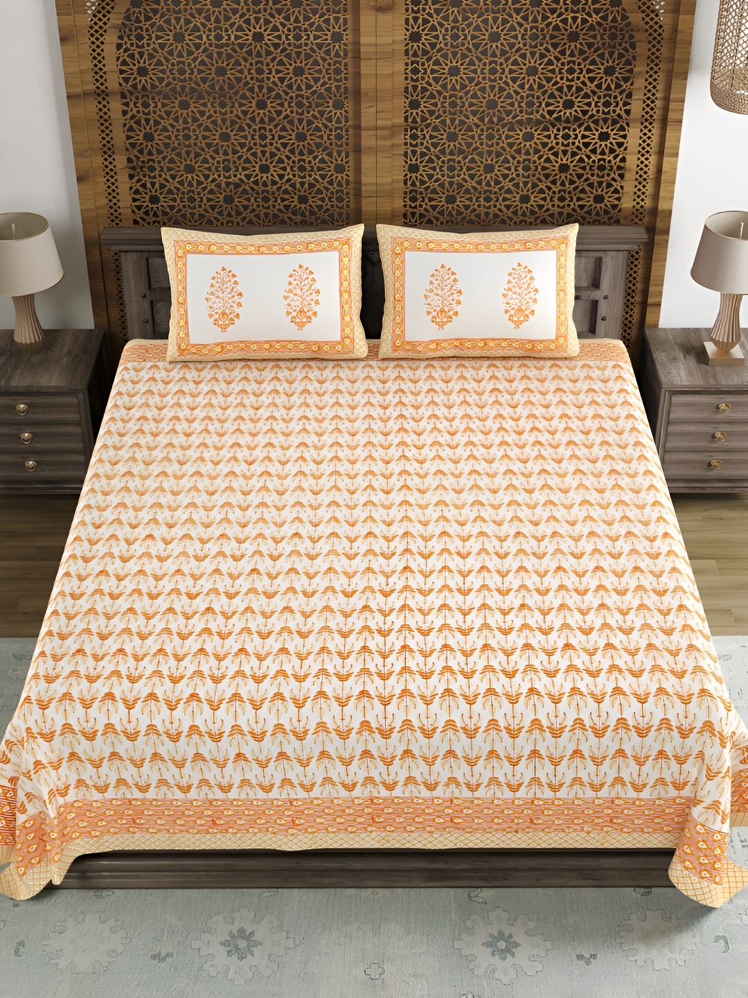 BLOCKS OF INDIA White & Orange Floral Cotton 180 TC King Bedsheet with 2 Pillow Covers
BLOCKS OF INDIA White & Orange Floral Cotton 180 TC King Bedsheet with 2 Pillow Covers
