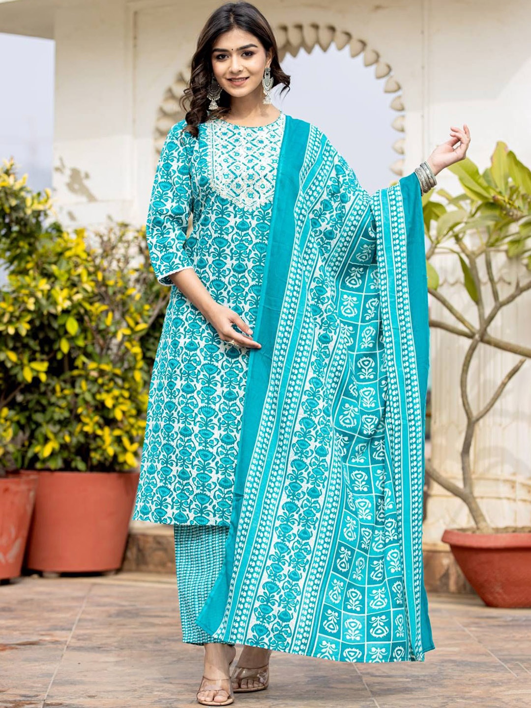 Varanga Women Ethnic Motifs Printed Kurta with Mirror Work, Printed Trousers, and Dupatta, Blue
Varanga Women Ethnic Motifs Printed Kurta with Mirror Work, Printed Trousers, and Dupatta, Blue