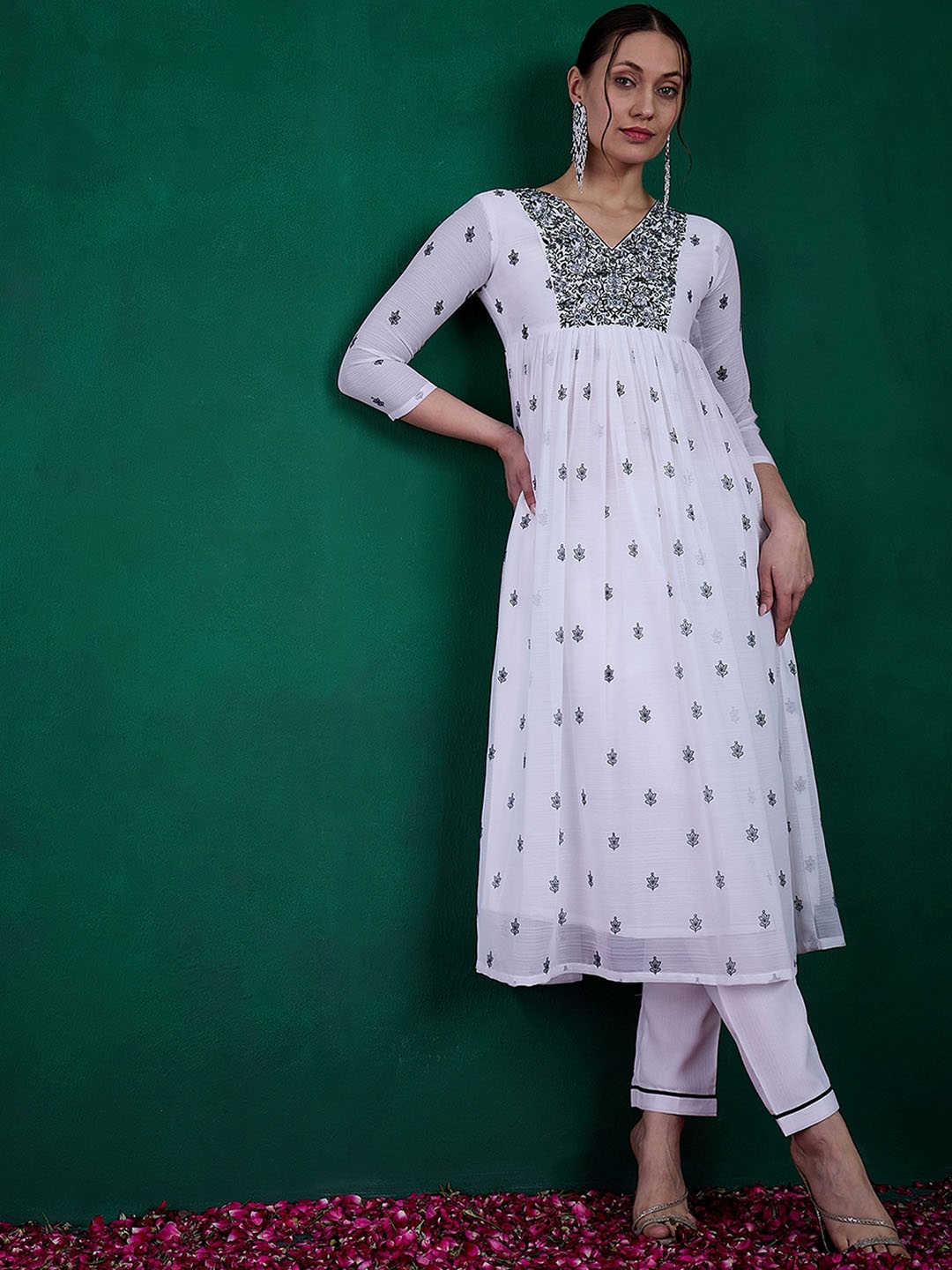 Sangria Floral Printed Sequin Embroidered Round Neck Anarkali Kurta With Trousers, White
Sangria Floral Printed Sequin Embroidered Round Neck Anarkali Kurta With Trousers, White