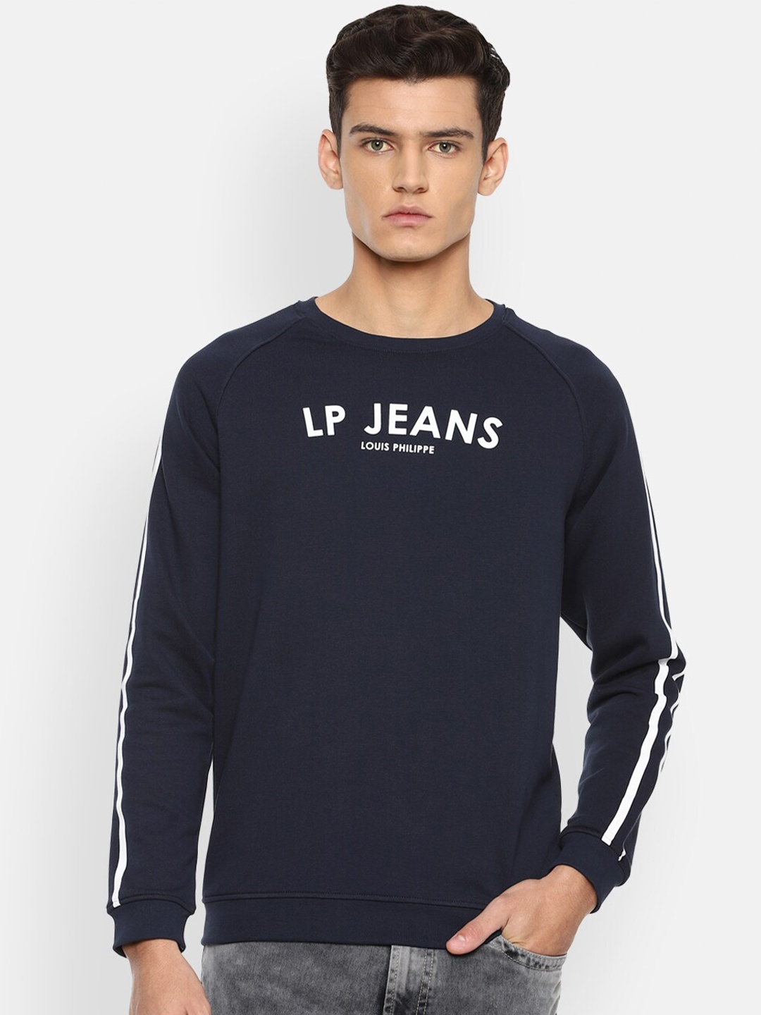 Louis Philippe Jeans Typography Printed Round Neck Cotton Pullover Sweatshirt, Navy blue
Louis Philippe Jeans Typography Printed Round Neck Cotton Pullover Sweatshirt, Navy blue