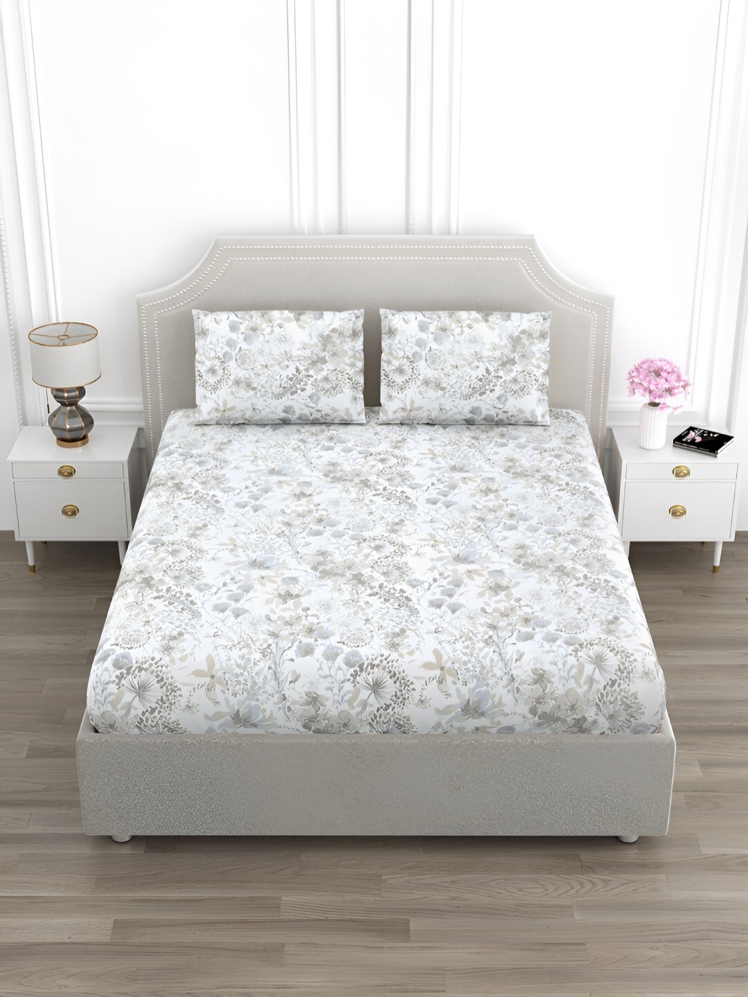 EverHOME White & Grey Floral Printed Cotton 210 TC King Bedsheet with 2 Pillow Covers
EverHOME White & Grey Floral Printed Cotton 210 TC King Bedsheet with 2 Pillow Covers