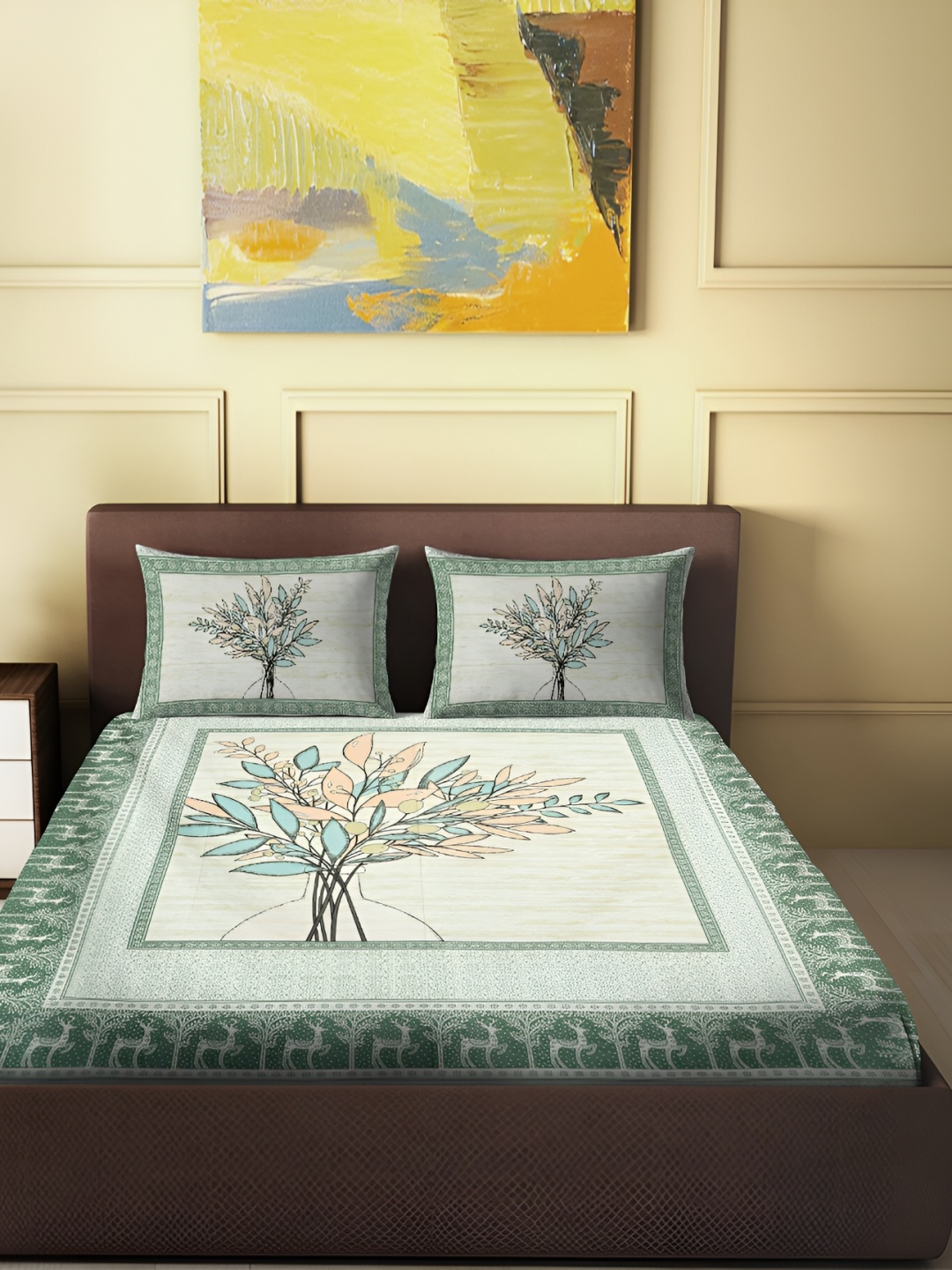 Spangle Green & Cream Coloured Printed Cotton 280 TC King Bedsheet With 2 Pillow Covers
Spangle Green & Cream Coloured Printed Cotton 280 TC King Bedsheet With 2 Pillow Covers