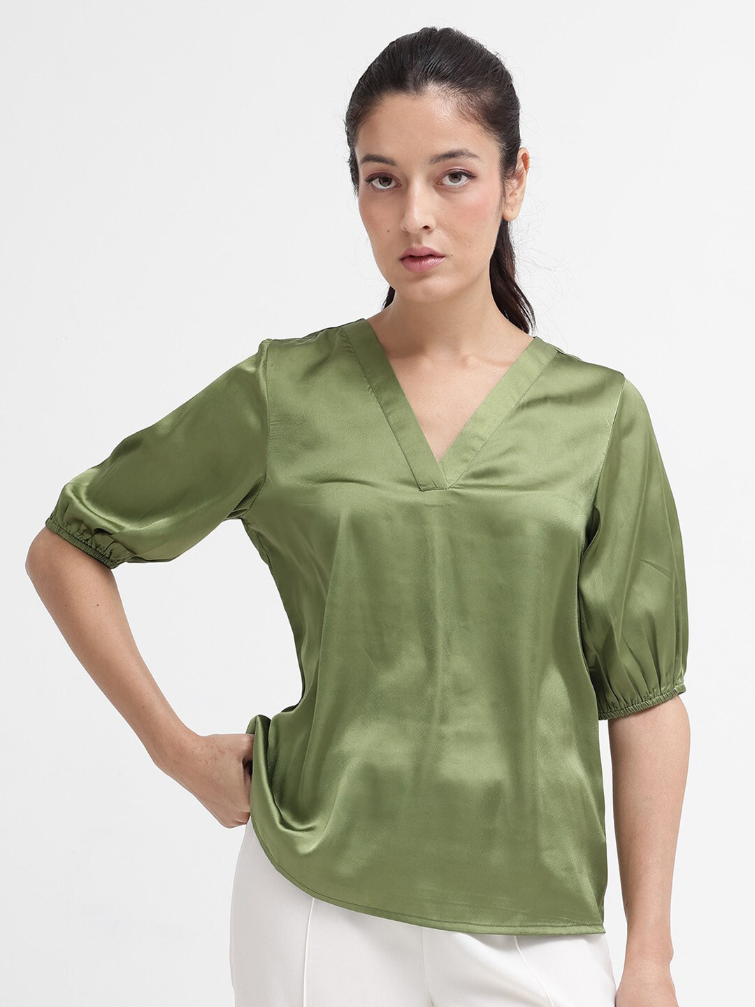 RAREISM V-Neck Puff Sleeve Top, Green 
RAREISM V-Neck Puff Sleeve Top, Green