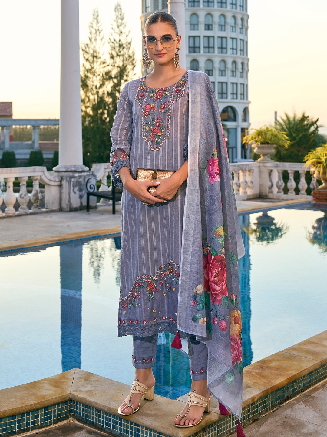 Indo Era Striped Thread Work Pure Cotton Straight Kurta With Trousers & Dupatta, Grey
Indo Era Striped Thread Work Pure Cotton Straight Kurta With Trousers & Dupatta, Grey