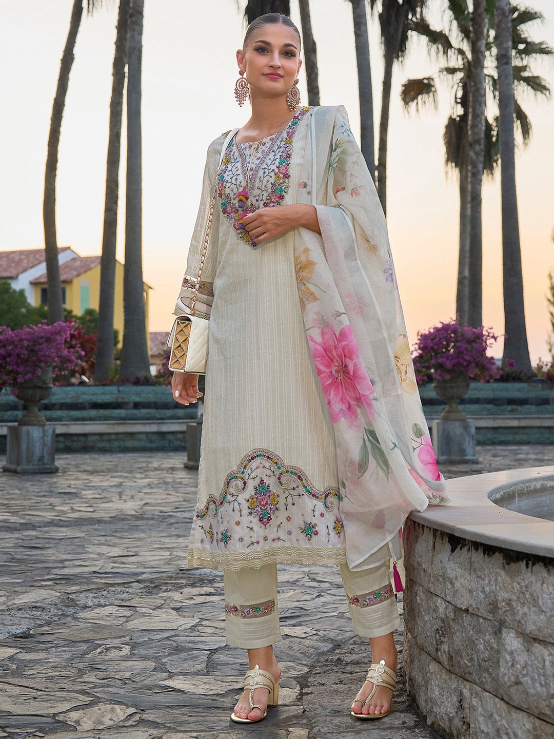 Indo Era Floral Embroidered Round Neck Pure Cotton Straight Kurta with Trousers & Dupatta, White
Indo Era Floral Embroidered Round Neck Pure Cotton Straight Kurta with Trousers & Dupatta, White