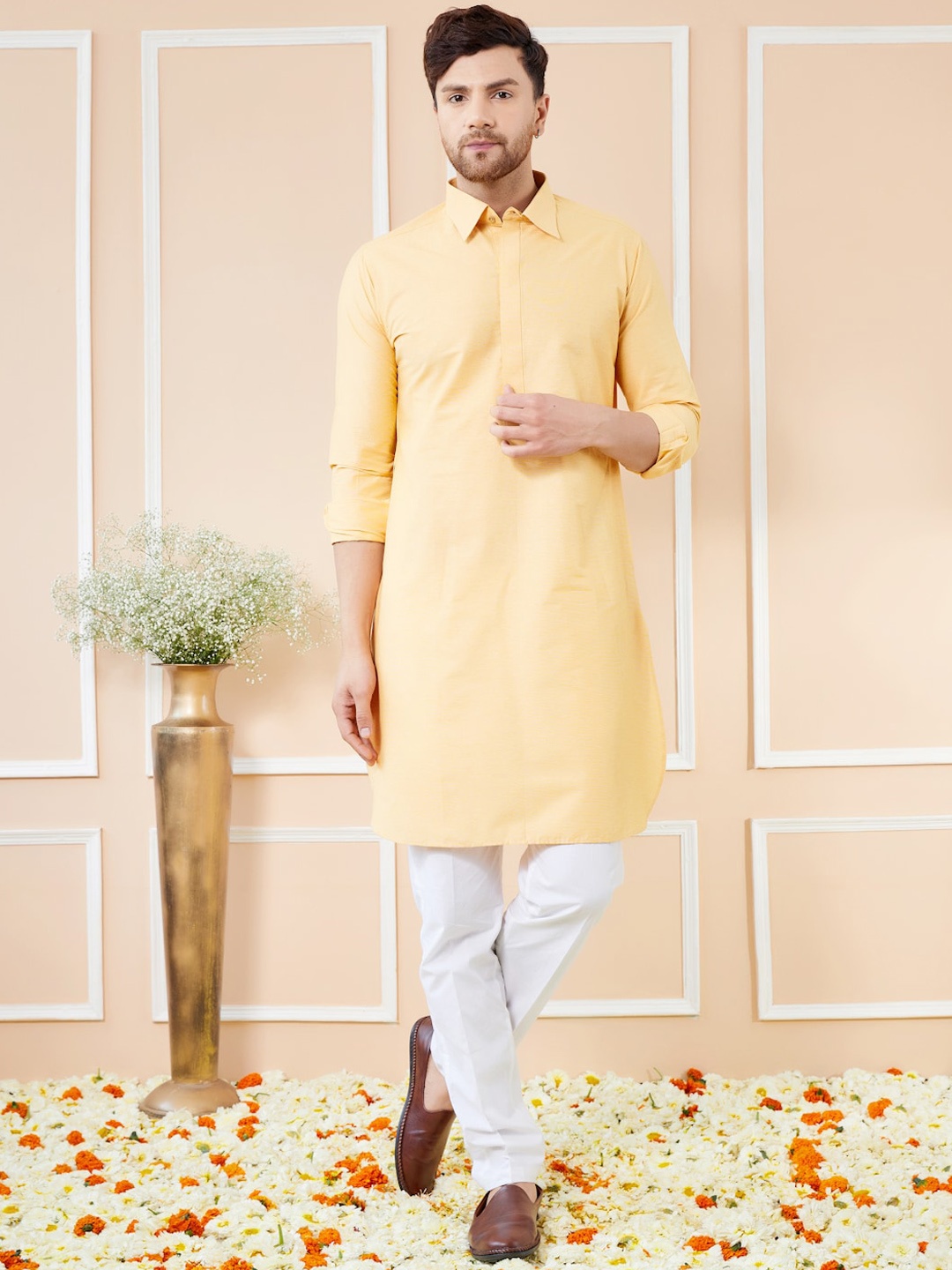 See Designs Shirt Collar Long Sleeves Pure Cotton Pathani Kurta With Pyjamas, Yellow
See Designs Shirt Collar Long Sleeves Pure Cotton Pathani Kurta With Pyjamas, Yellow