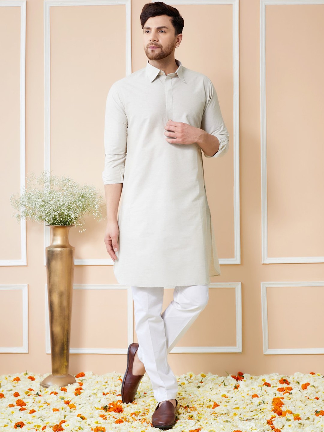 See Designs Shirt Collar Long Sleeves Pure Cotton Pathani Kurta With Pyjamas, Off white
See Designs Shirt Collar Long Sleeves Pure Cotton Pathani Kurta With Pyjamas, Off white