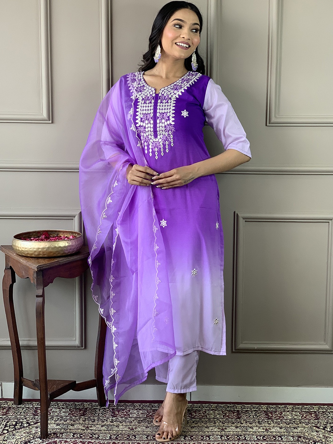 KALINI Floral Embroidered Thread Work Pure Silk Straight Kurta With Trousers & Dupatta, Purple
KALINI Floral Embroidered Thread Work Pure Silk Straight Kurta With Trousers & Dupatta, Purple
